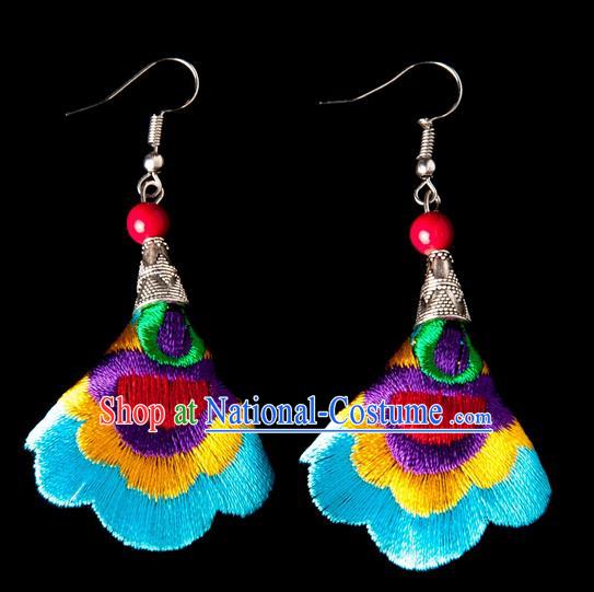 Traditional Chinese Miao Nationality Crafts, Yunnan Hmong Handmade Embroidery Flower Linen Blue Earrings Pendant, China Ethnic Minority Eardrop Accessories Earbob Pendant for Women