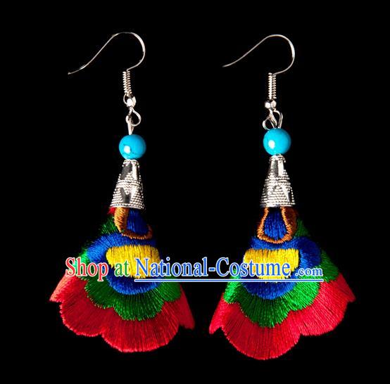 Traditional Chinese Miao Nationality Crafts, Yunnan Hmong Handmade Embroidery Flower Linen Red Earrings Pendant, China Ethnic Minority Eardrop Accessories Earbob Pendant for Women