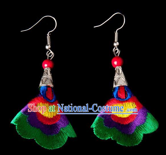 Traditional Chinese Miao Nationality Crafts, Yunnan Hmong Handmade Embroidery Flower Linen Green Earrings Pendant, China Ethnic Minority Eardrop Accessories Earbob Pendant for Women