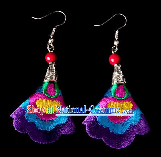 Traditional Chinese Miao Nationality Crafts, Yunnan Hmong Handmade Embroidery Flower Linen Purple Earrings Pendant, China Ethnic Minority Eardrop Accessories Earbob Pendant for Women