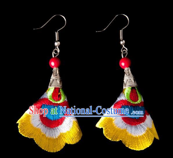 Traditional Chinese Miao Nationality Crafts, Yunnan Hmong Handmade Embroidery Flower Linen Yellow Earrings Pendant, China Ethnic Minority Eardrop Accessories Earbob Pendant for Women