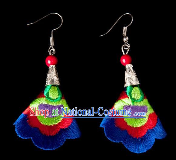 Traditional Chinese Miao Nationality Crafts, Yunnan Hmong Handmade Embroidery Flower Linen Royalblue Earrings Pendant, China Ethnic Minority Eardrop Accessories Earbob Pendant for Women