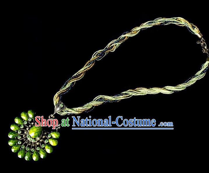 Traditional Chinese Dai Nationality Crafts, Yunan Handmade Green Peacock Sweater Chain, China Dai Ethnic Minority Necklace Accessories Pendant for Women