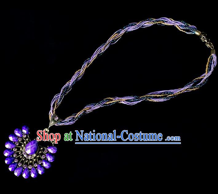 Traditional Chinese Dai Nationality Crafts, Yunan Handmade Purple Peacock Sweater Chain, China Dai Ethnic Minority Necklace Accessories Pendant for Women