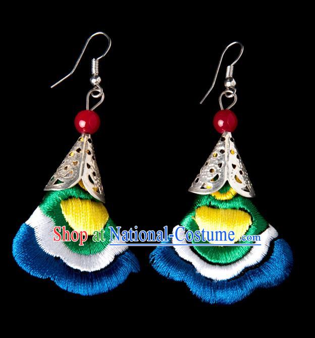 Traditional Chinese Miao Nationality Crafts, Yunnan National Handmade Embroidery Flower Linen Royalblue Earrings Pendant, China Ethnic Minority Eardrop Accessories Earbob Pendant for Women