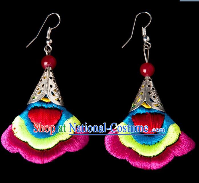 Traditional Chinese Miao Nationality Crafts, Yunnan National Handmade Embroidery Flower Linen Pink Earrings Pendant, China Ethnic Minority Eardrop Accessories Earbob Pendant for Women