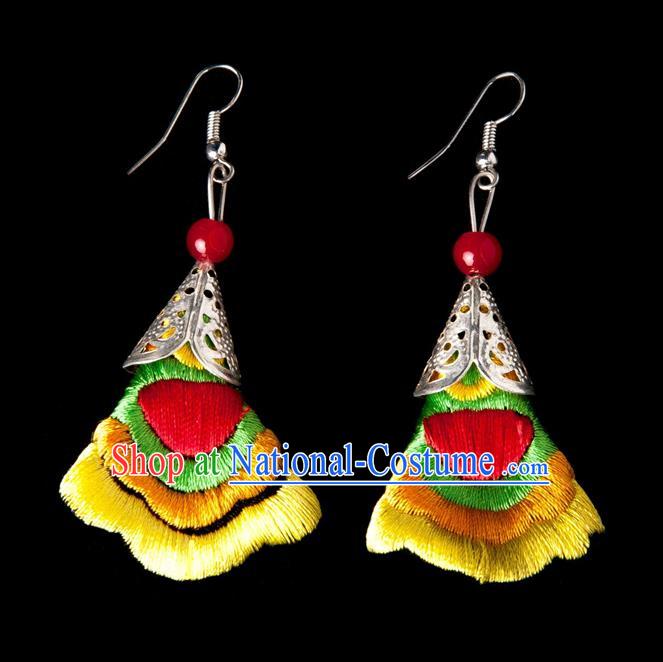 Traditional Chinese Miao Nationality Crafts, Yunnan National Handmade Embroidery Flower Linen Yellow Earrings Pendant, China Ethnic Minority Eardrop Accessories Earbob Pendant for Women