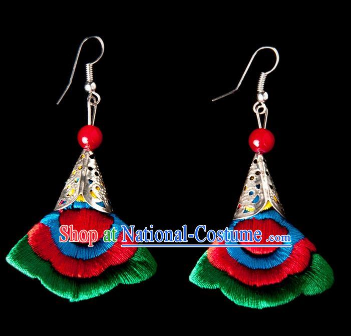 Traditional Chinese Miao Nationality Crafts, Yunnan National Handmade Embroidery Flower Linen Green Earrings Pendant, China Ethnic Minority Eardrop Accessories Earbob Pendant for Women