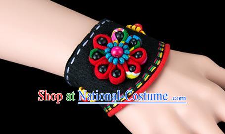 Traditional Chinese Miao Nationality Crafts, Yunan Hmong Handmade Bracelet Black Cuff Hand Decorative, China Miao Ethnic Minority Bangle Accessories for Women