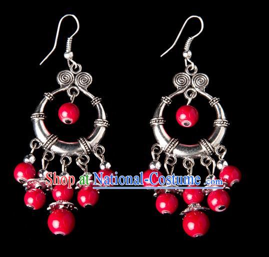 Traditional Chinese Miao Nationality Crafts, Yunnan Hmong Handmade Red Beads Tassel Earrings Pendant, China Ethnic Minority Eardrop Accessories Earbob Pendant for Women