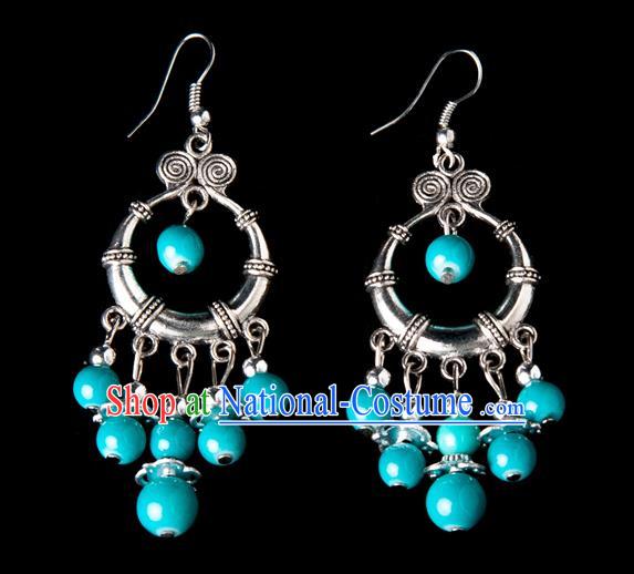 Traditional Chinese Miao Nationality Crafts, Yunnan Hmong Handmade Blue Beads Tassel Earrings Pendant, China Ethnic Minority Eardrop Accessories Earbob Pendant for Women