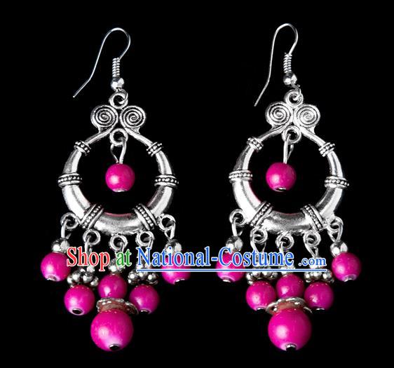 Traditional Chinese Miao Nationality Crafts, Yunnan Hmong Handmade Pink Beads Tassel Earrings Pendant, China Ethnic Minority Eardrop Accessories Earbob Pendant for Women