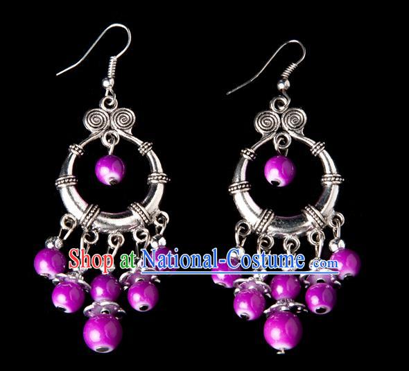 Traditional Chinese Miao Nationality Crafts, Yunnan Hmong Handmade Rose Beads Tassel Earrings Pendant, China Ethnic Minority Eardrop Accessories Earbob Pendant for Women