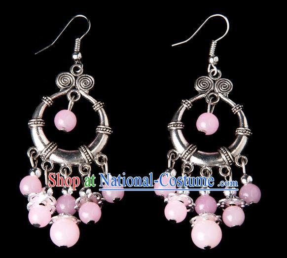 Traditional Chinese Miao Nationality Crafts, Yunnan Hmong Handmade Pink Beads Tassel Earrings Pendant, China Ethnic Minority Eardrop Accessories Earbob Pendant for Women