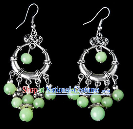 Traditional Chinese Miao Nationality Crafts, Yunnan Hmong Handmade Green Beads Tassel Earrings Pendant, China Ethnic Minority Eardrop Accessories Earbob Pendant for Women