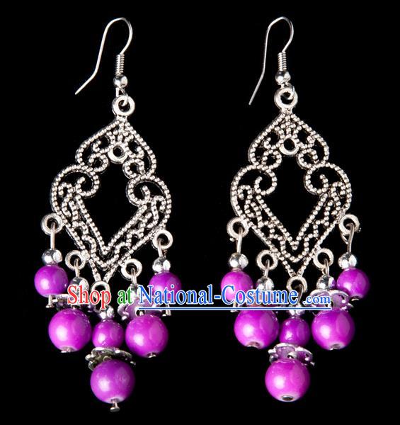 Traditional Chinese Miao Nationality Crafts, Yunnan Hmong Handmade Purple Beads Long Tassel Earrings Pendant, China Ethnic Minority Eardrop Accessories Earbob Pendant for Women