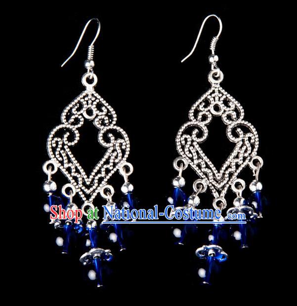 Traditional Chinese Miao Nationality Crafts, Yunnan Hmong Handmade Royalblue Beads Long Tassel Earrings Pendant, China Ethnic Minority Eardrop Accessories Earbob Pendant for Women