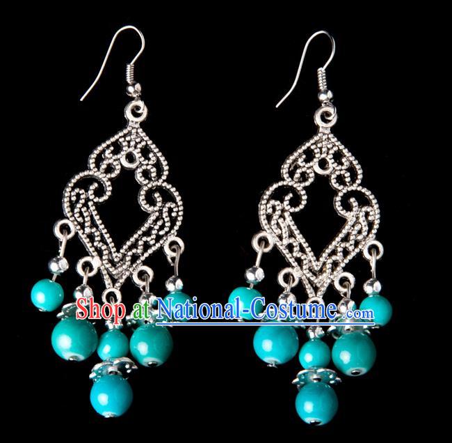 Traditional Chinese Miao Nationality Crafts, Yunnan Hmong Handmade Blue Beads Long Tassel Earrings Pendant, China Ethnic Minority Eardrop Accessories Earbob Pendant for Women