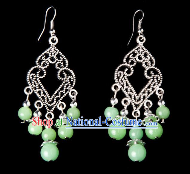 Traditional Chinese Miao Nationality Crafts, Yunnan Hmong Handmade Green Beads Long Tassel Earrings Pendant, China Ethnic Minority Eardrop Accessories Earbob Pendant for Women