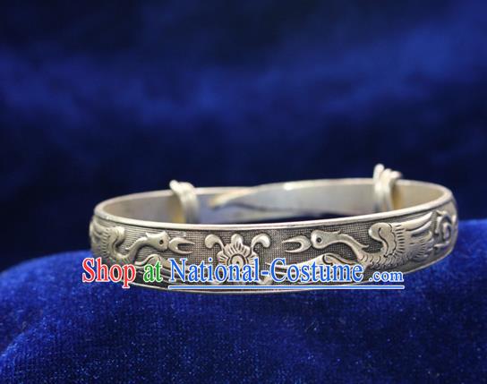 Traditional Chinese Miao Nationality Crafts Jewelry Accessory Bangle, Hmong Handmade Miao Silver Classical Double Crane Bracelet, Miao Ethnic Minority Silver Bracelet Accessories for Women