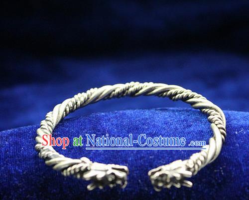 Traditional Chinese Miao Nationality Crafts Jewelry Accessory Bangle, Hmong Handmade Miao Silver Classical Dragon Bracelet, Miao Ethnic Minority Silver Bracelet Accessories for Women