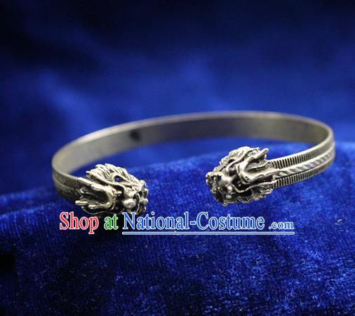 Traditional Chinese Miao Nationality Crafts Jewelry Accessory Bangle, Hmong Handmade Miao Silver Classical Dragon Bracelet, Miao Ethnic Minority Silver Bracelet Accessories for Women