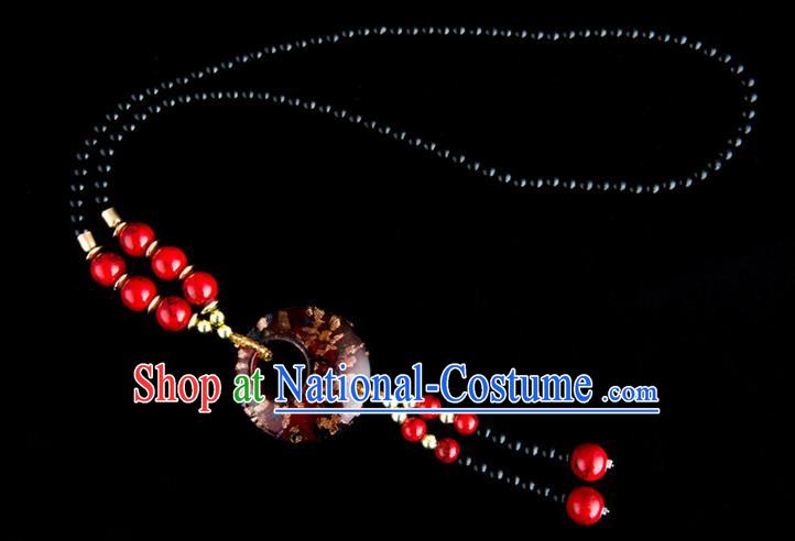 Traditional Chinese Miao Nationality Crafts, China Handmade Beads Red Coloured Glaze Sweater Chain, China Miao Ethnic Minority Necklace Accessories Pendant for Women