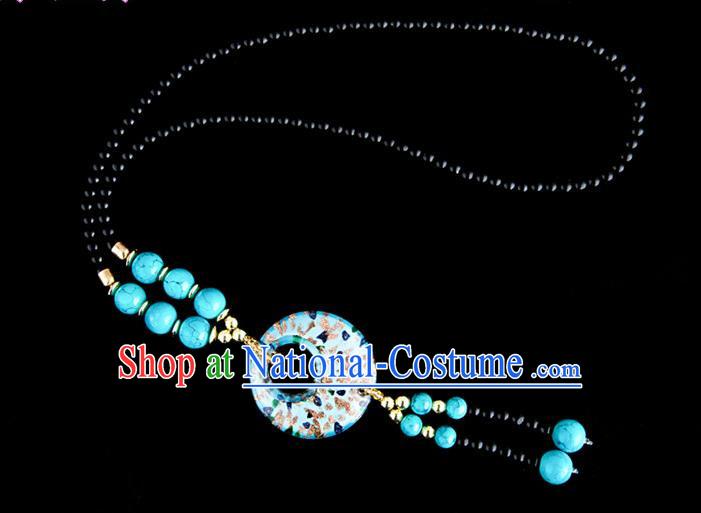 Traditional Chinese Miao Nationality Crafts, China Handmade Beads Light Blue Coloured Glaze Sweater Chain, China Miao Ethnic Minority Necklace Accessories Pendant for Women