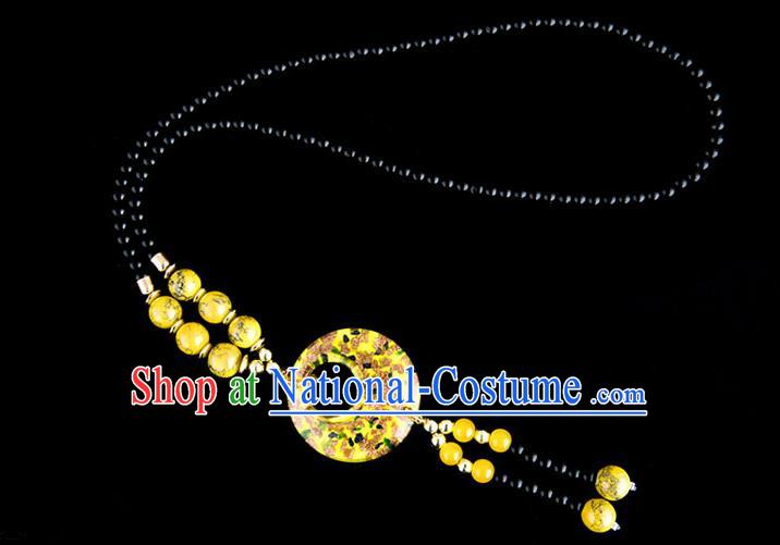 Traditional Chinese Miao Nationality Crafts, China Handmade Beads Yellow Coloured Glaze Sweater Chain, China Miao Ethnic Minority Necklace Accessories Pendant for Women