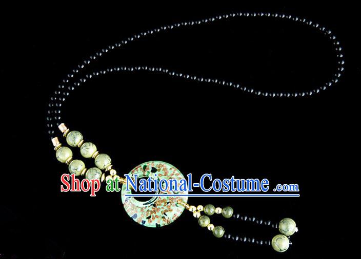 Traditional Chinese Miao Nationality Crafts, China Handmade Beads Green Coloured Glaze Sweater Chain, China Miao Ethnic Minority Necklace Accessories Pendant for Women