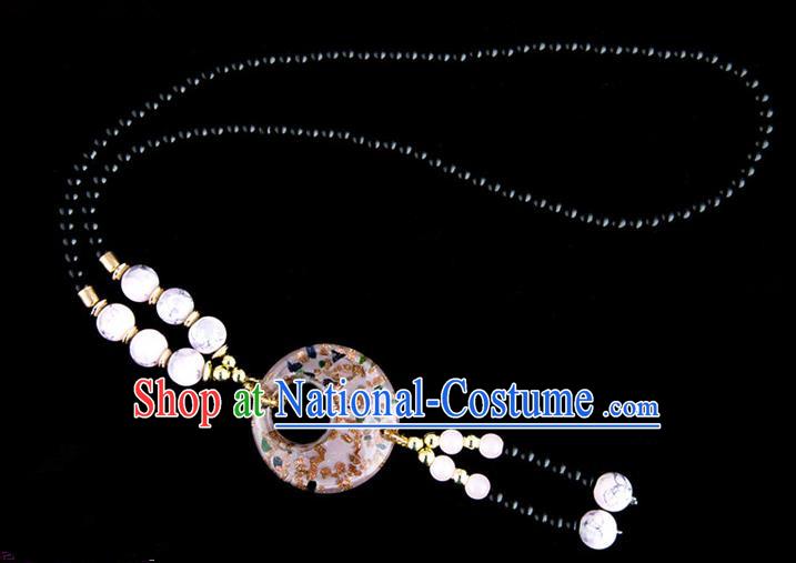 Traditional Chinese Miao Nationality Crafts, China Handmade Beads White Coloured Glaze Sweater Chain, China Miao Ethnic Minority Necklace Accessories Pendant for Women