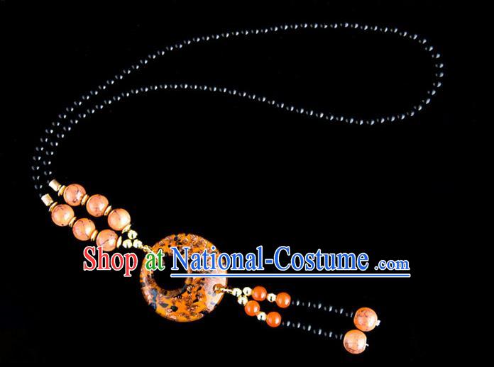 Traditional Chinese Miao Nationality Crafts, China Handmade Beads Orange Coloured Glaze Sweater Chain, China Miao Ethnic Minority Necklace Accessories Pendant for Women