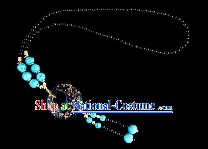 Traditional Chinese Miao Nationality Crafts, China Handmade Beads Blue Coloured Glaze Sweater Chain, China Miao Ethnic Minority Necklace Accessories Pendant for Women