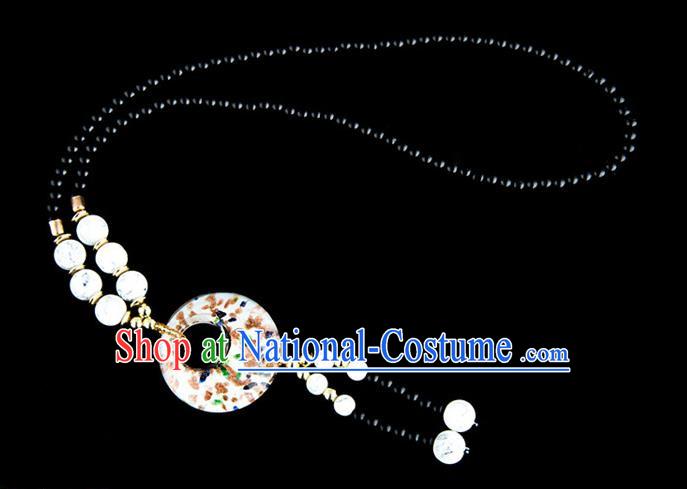 Traditional Chinese Miao Nationality Crafts, China Handmade Beads White Coloured Glaze Sweater Chain, China Miao Ethnic Minority Necklace Accessories Pendant for Women