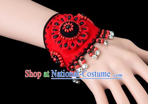 Traditional Chinese Miao Nationality Crafts, Yunan Hmong Handmade Flowers Bracelet Red Cuff Bells Hand Decorative, China Miao Ethnic Minority Bangle Accessories for Women