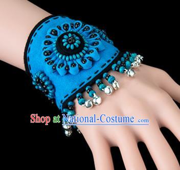 Traditional Chinese Miao Nationality Crafts, Yunan Hmong Handmade Flowers Bracelet Blue Cuff Bells Hand Decorative, China Miao Ethnic Minority Bangle Accessories for Women