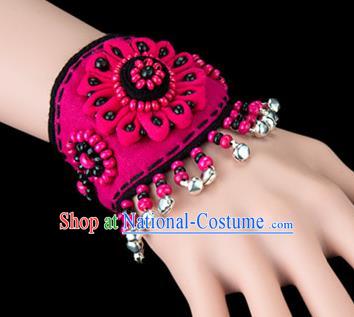 Traditional Chinese Miao Nationality Crafts, Yunan Hmong Handmade Flowers Bracelet Pink Cuff Bells Hand Decorative, China Miao Ethnic Minority Bangle Accessories for Women