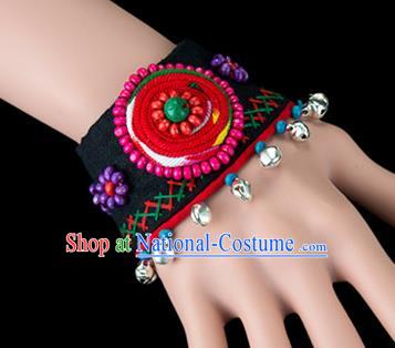 Traditional Chinese Miao Nationality Crafts, Yunan Hmong Handmade Flowers Bracelet Black Cuff Bells Hand Decorative, China Miao Ethnic Minority Bangle Accessories for Women