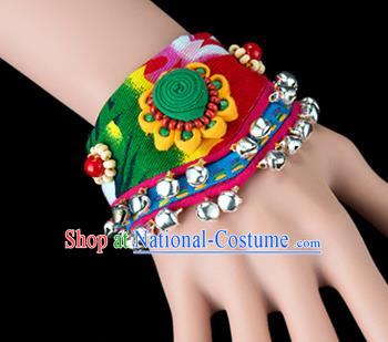 Traditional Chinese Miao Nationality Crafts, Yunan Hmong Handmade Flowers Bracelet Green Cuff Bells Hand Decorative, China Miao Ethnic Minority Bangle Accessories for Women