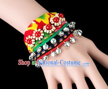 Traditional Chinese Miao Nationality Crafts, Yunan Hmong Handmade Beads Bracelet Green Cuff Bells Hand Decorative, China Miao Ethnic Minority Bangle Accessories for Women