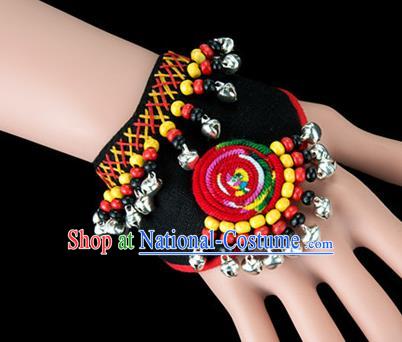 Traditional Chinese Miao Nationality Crafts, Yunan Hmong Handmade Black Fabrics Bracelet Cuff Bells Hand Decorative, China Miao Ethnic Minority Bangle Accessories for Women