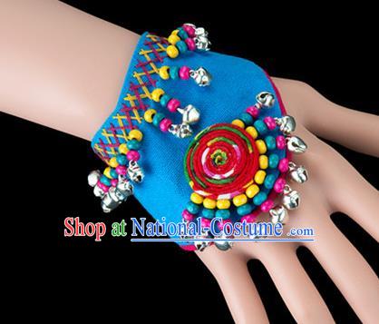 Traditional Chinese Miao Nationality Crafts, Yunan Hmong Handmade Blue Fabrics Bracelet Cuff Bells Hand Decorative, China Miao Ethnic Minority Bangle Accessories for Women