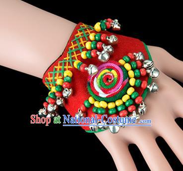 Traditional Chinese Miao Nationality Crafts, Yunan Hmong Handmade Red Fabrics Bracelet Cuff Bells Hand Decorative, China Miao Ethnic Minority Bangle Accessories for Women