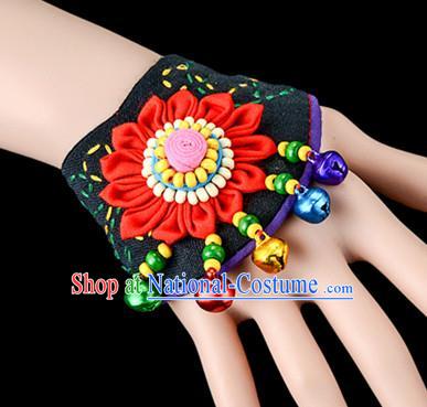 Traditional Chinese Miao Nationality Crafts, Yunan Hmong Handmade Red Fabrics Flower Bracelet Cuff Bells Hand Decorative, China Miao Ethnic Minority Bangle Accessories for Women