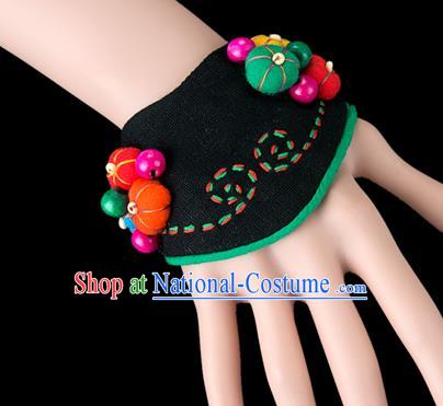 Traditional Chinese Miao Nationality Crafts, Yunnan Hmong Handmade Black Fabrics Bracelet Cuff Bells Hand Decorative, China Miao Ethnic Minority Bangle Accessories for Women