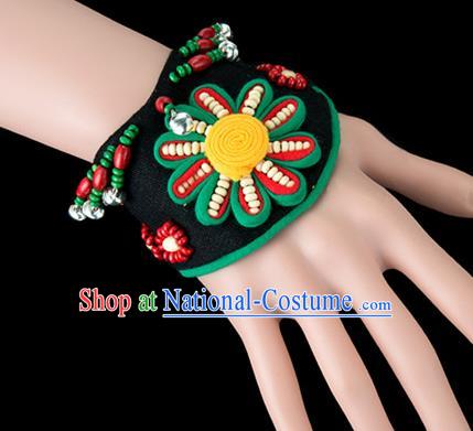 Traditional Chinese Miao Nationality Crafts, Yunan Hmong Handmade Black Fabrics Flower Bracelet Cuff Bells Hand Decorative, China Miao Ethnic Minority Bangle Accessories for Women