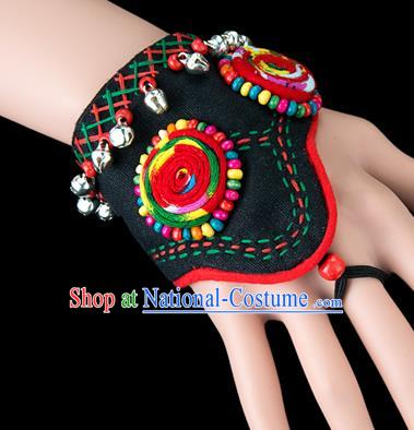 Traditional Chinese Miao Nationality Crafts, Yunnan Hmong Handmade Black Fabrics Bracelet Cuff Hand Decorative, China Miao Ethnic Minority Bangle Accessories for Women