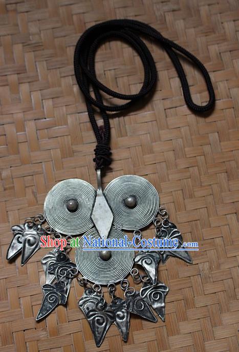 Traditional Chinese Miao Nationality Crafts Jewelry Accessory, Hmong Handmade Miao Silver Owl Tassel Pendant, Miao Ethnic Minority Necklace Accessories Sweater Chain Pendant for Women