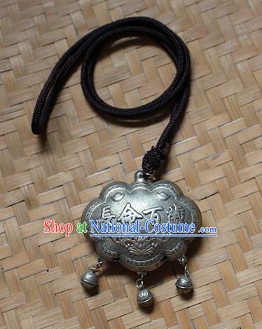 Traditional Chinese Miao Nationality Crafts Jewelry Accessory, Hmong Handmade Miao Silver Longevity Lock Bells Pendant, Miao Ethnic Minority Necklace Accessories Sweater Chain Pendant for Women