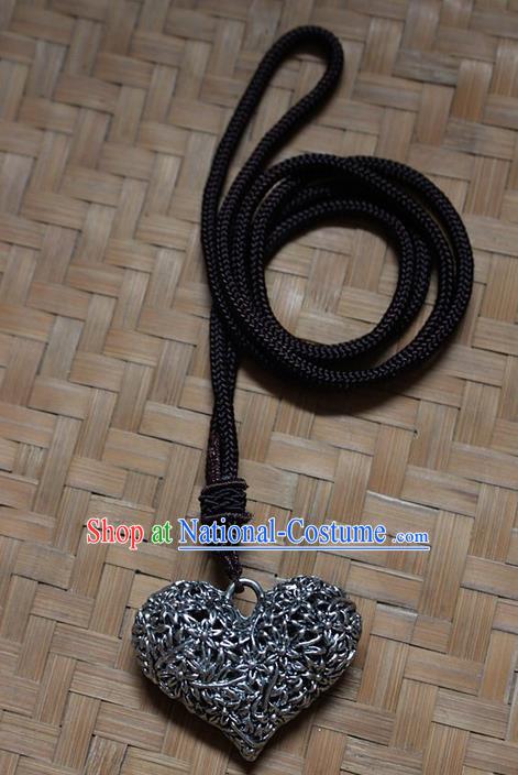 Traditional Chinese Miao Nationality Crafts Jewelry Accessory, Hmong Handmade Miao Silver Longevity Lock Heart Pendant, Miao Ethnic Minority Necklace Accessories Sweater Chain Pendant for Women